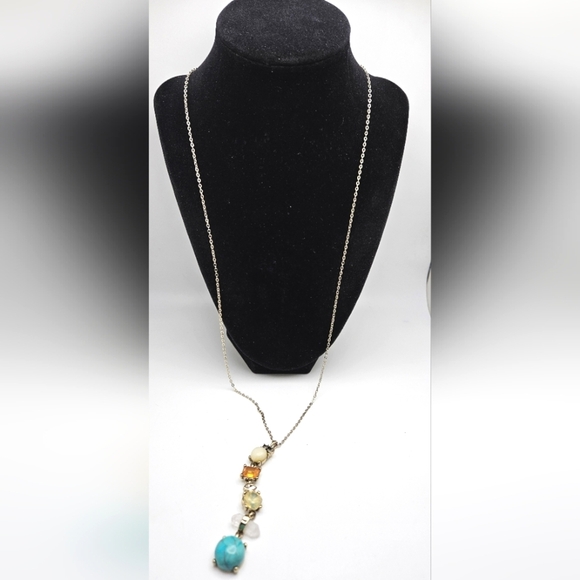 ๐ข3/$19๐ข LOFT Long Gemstone Necklace Gold Tone Real Quartz Faux Turquoise - Picture 3 of 7